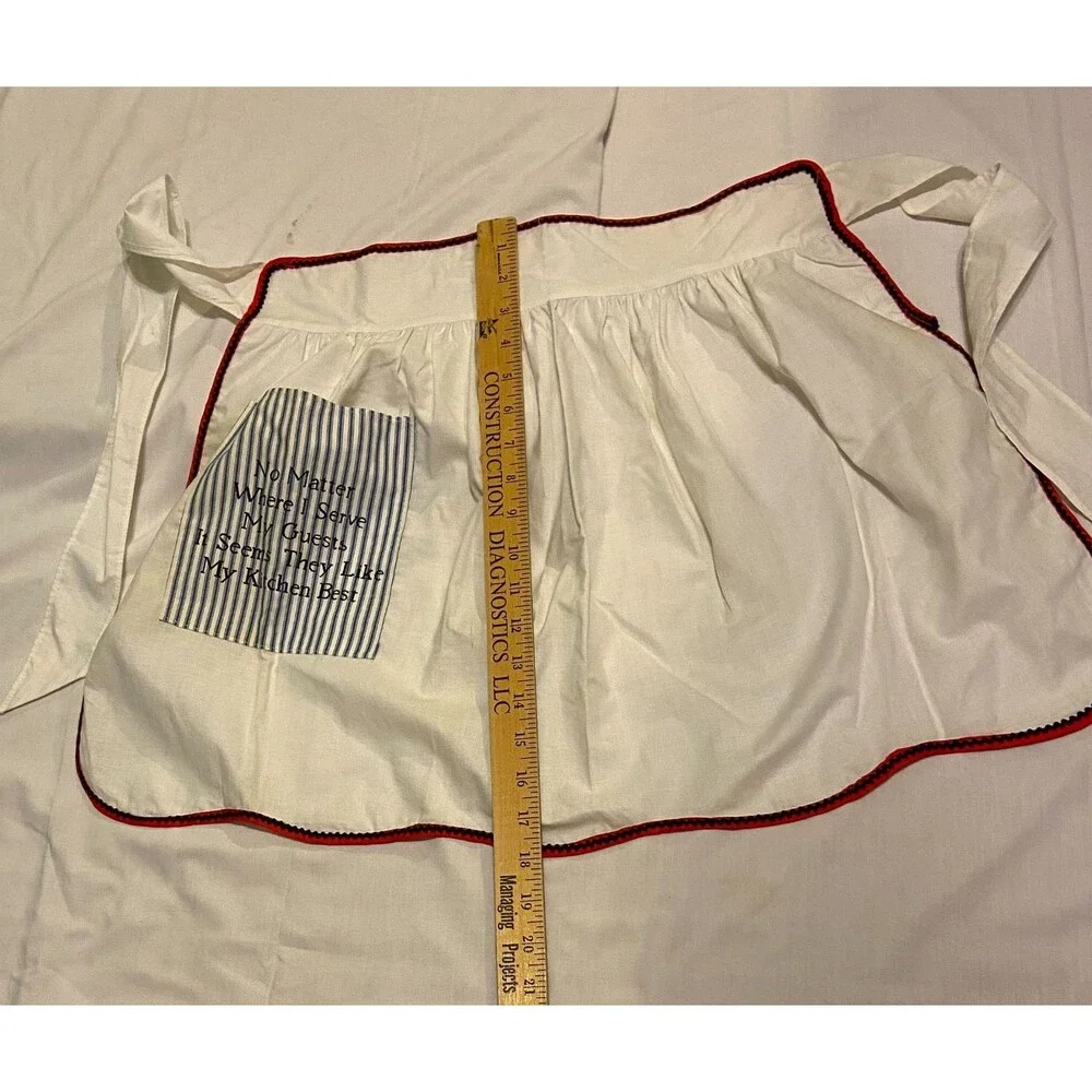 #5750 Womens Cotton White with Red Trim Half Apron